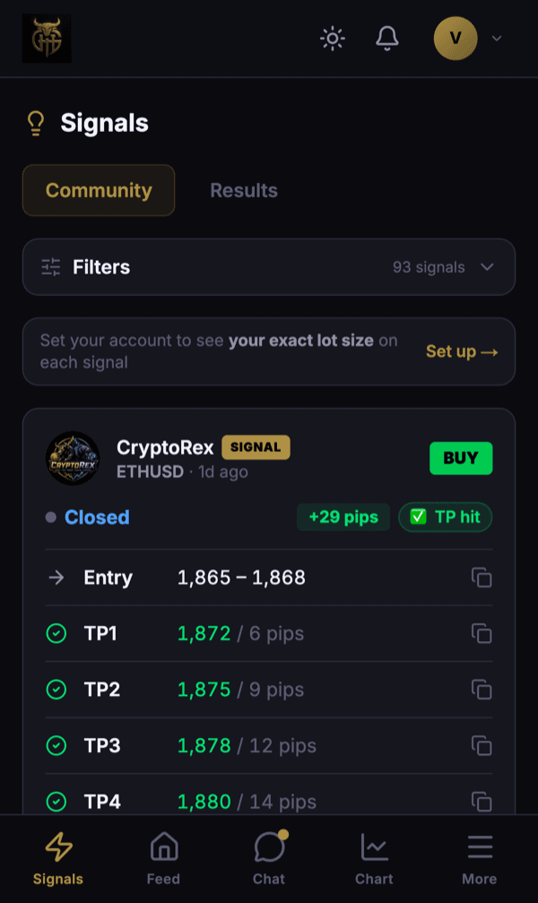 Signals screen in the GHT Community app